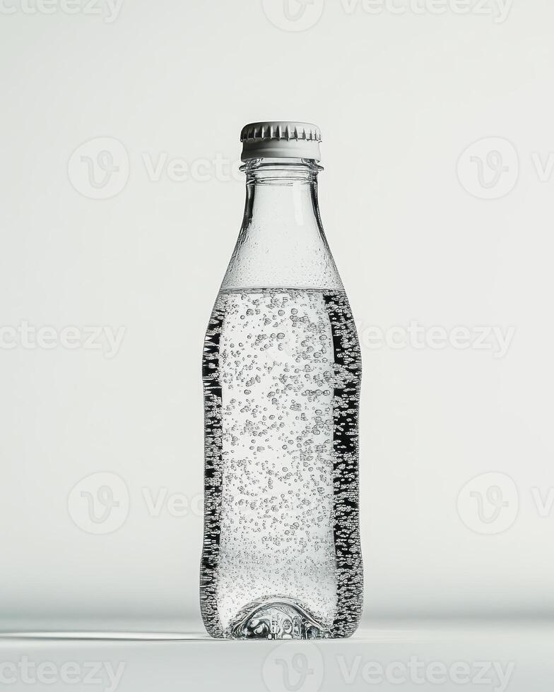 A clear glass bottle filled with sparkling water, showcasing bubbles and a metallic cap photo