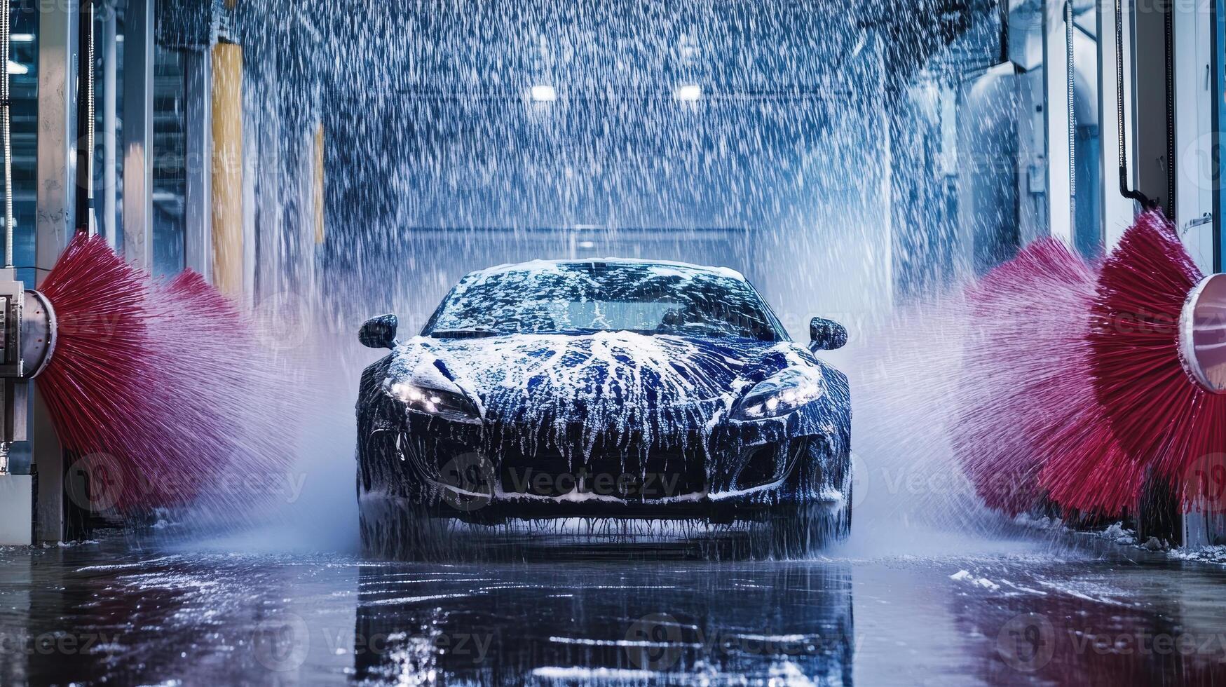 A car being washed in an automated car wash with soap and water spraying everywhere. photo