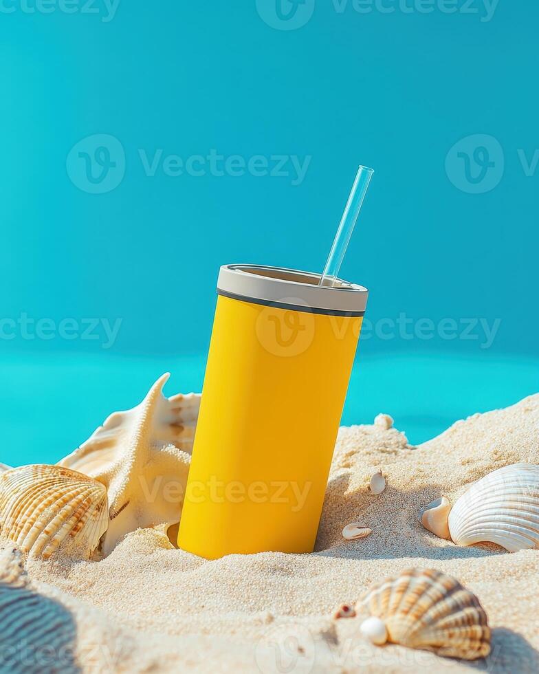A bright yellow drink container sits on sandy beach with seashells, evoking summer vibes. photo