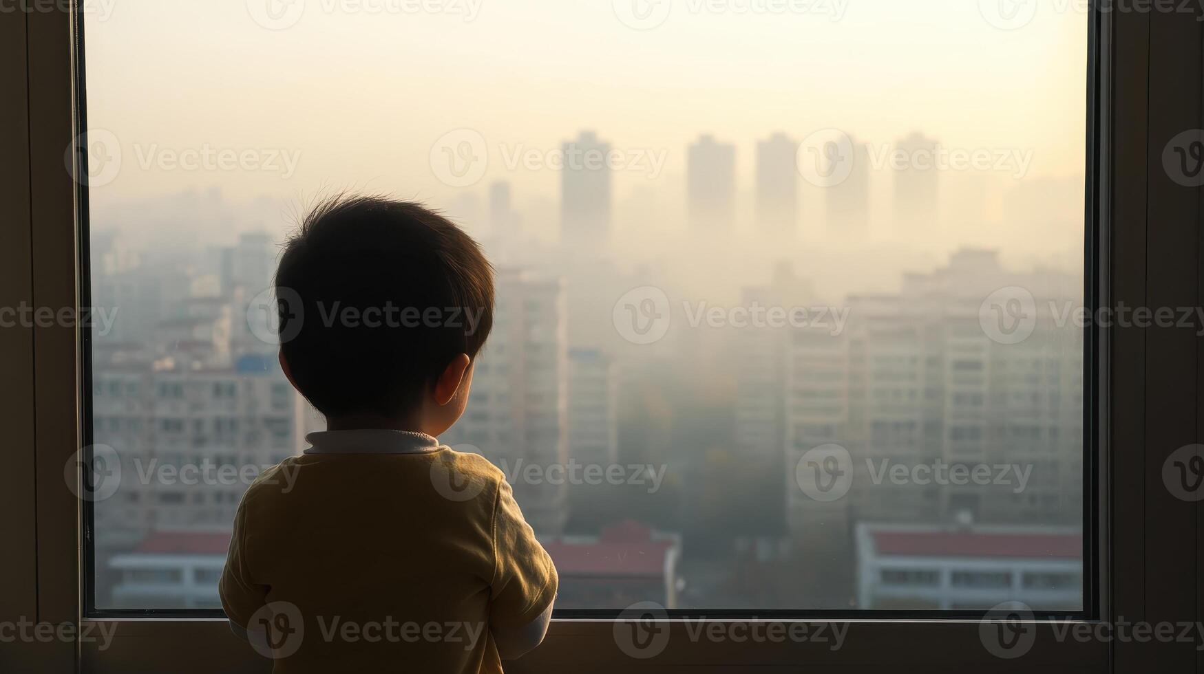 A child gazes out a foggy window at a city skyline, evoking curiosity and contemplation. photo
