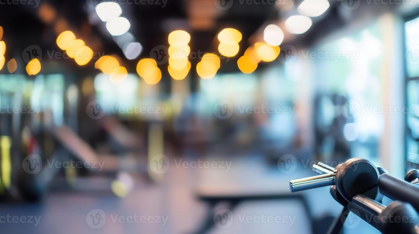 A blurred view of a gym interior with fitness equipment and warm lighting. photo