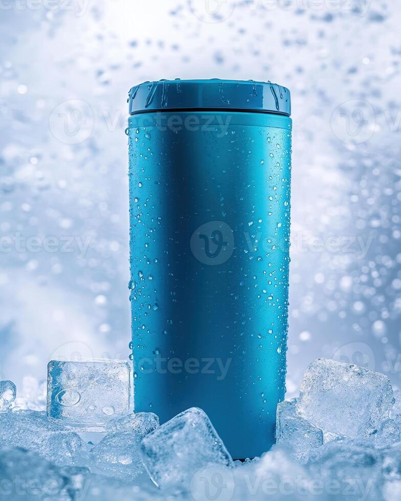 A blue insulated tumbler surrounded by ice, emphasizing cold beverage storage photo