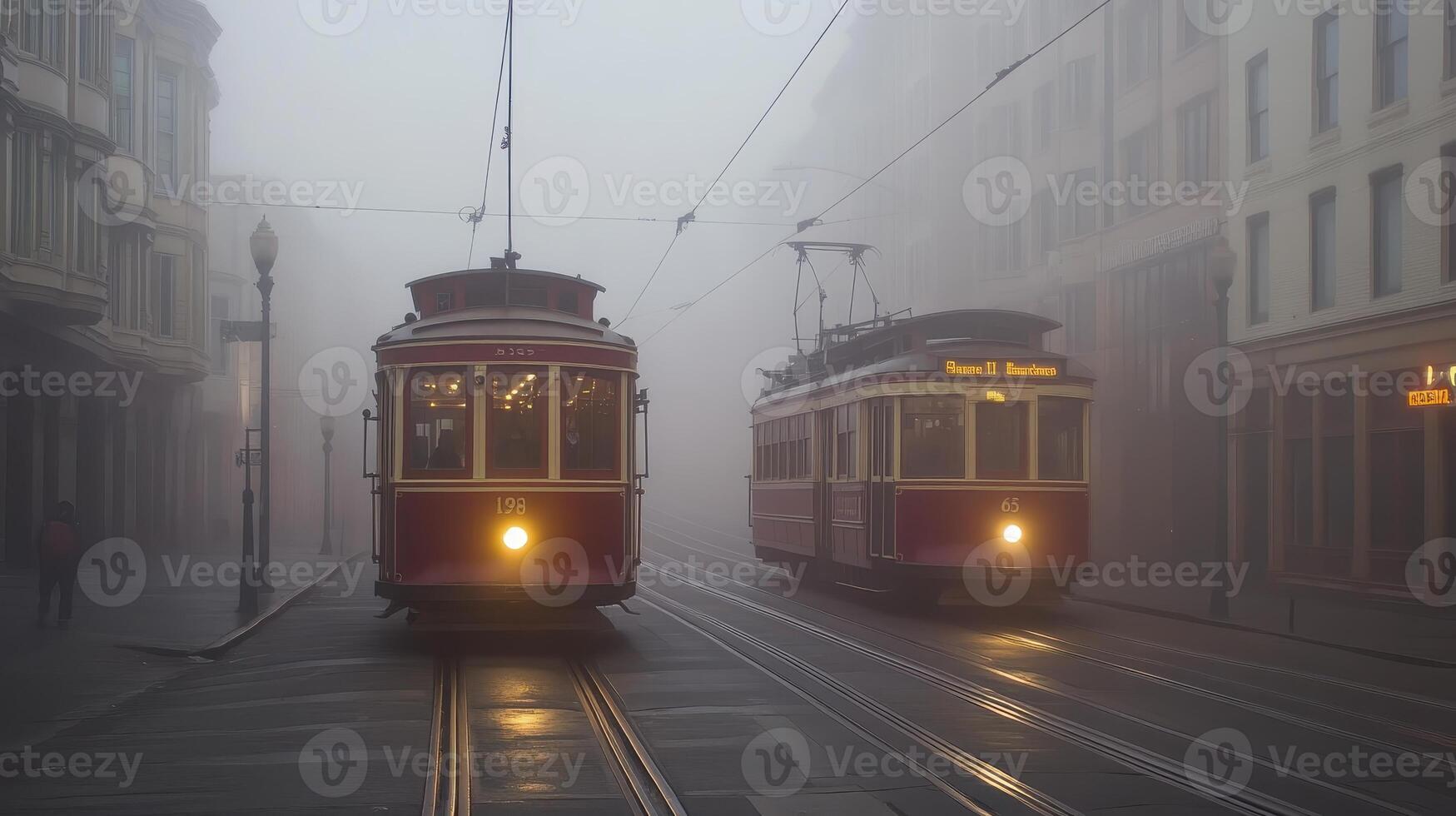 Two vintage trams navigate a foggy street, creating a nostalgic urban scene photo