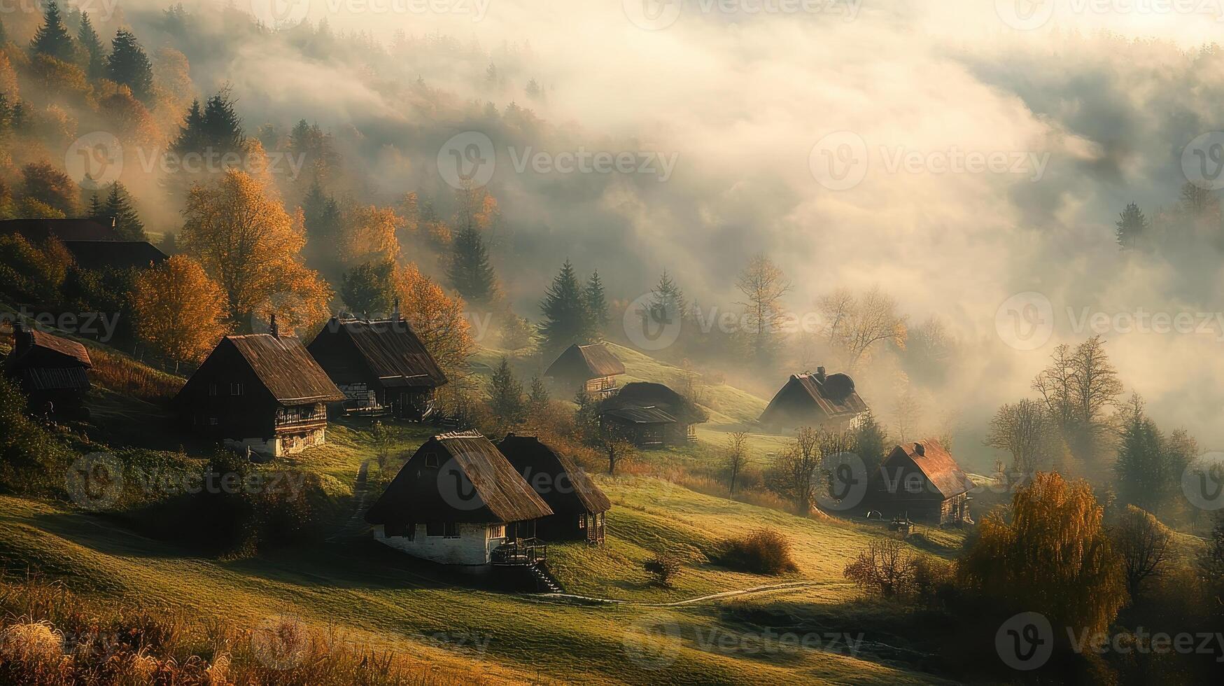 Serene village landscape shrouded in morning mist with rustic houses and autumn foliage photo