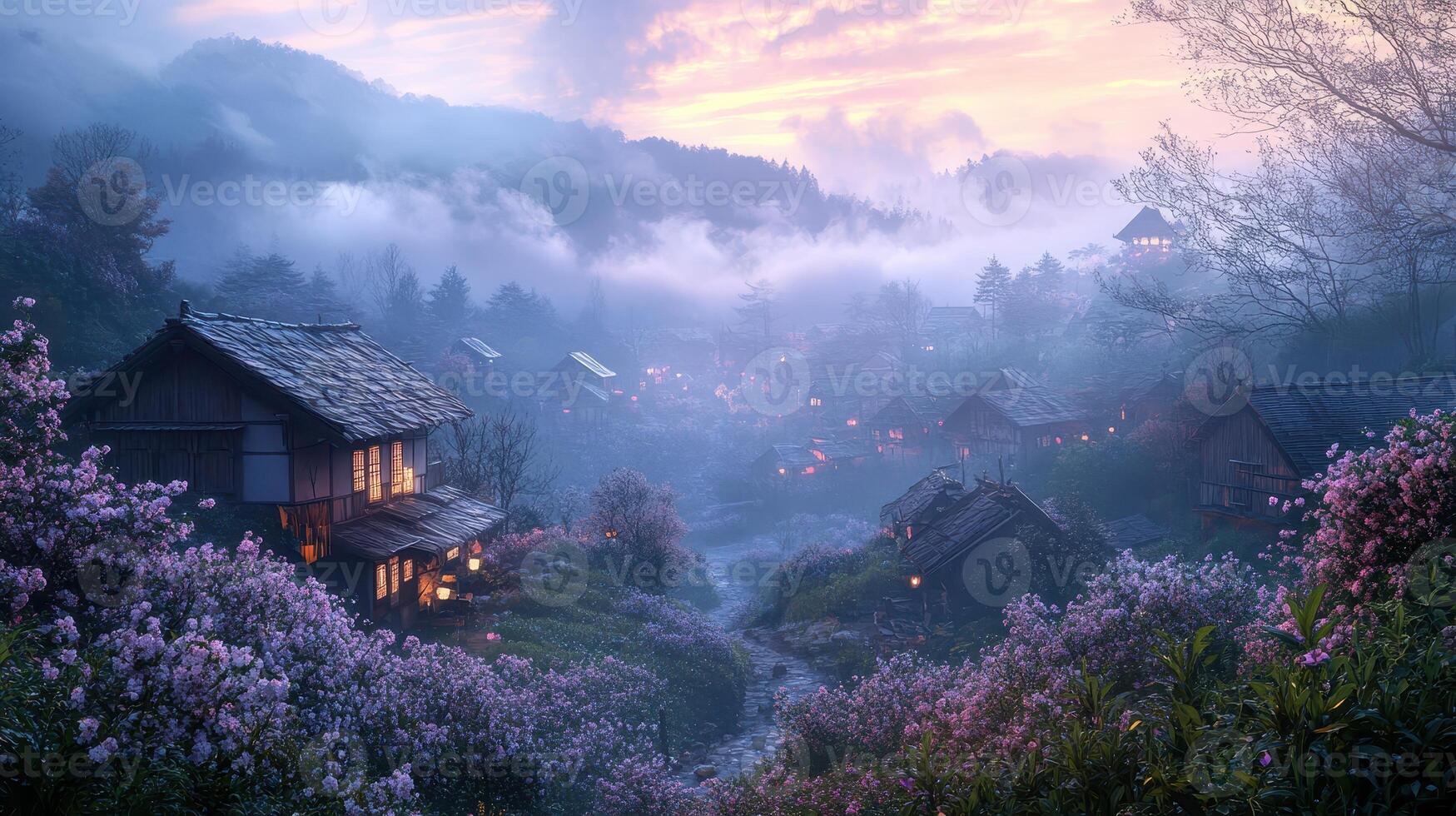 Serene village at dusk, surrounded by blooming flowers and misty mountains photo