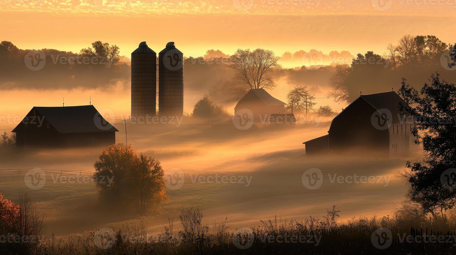 Serene farm landscape at dawn with silos and mist enveloping the fields. photo