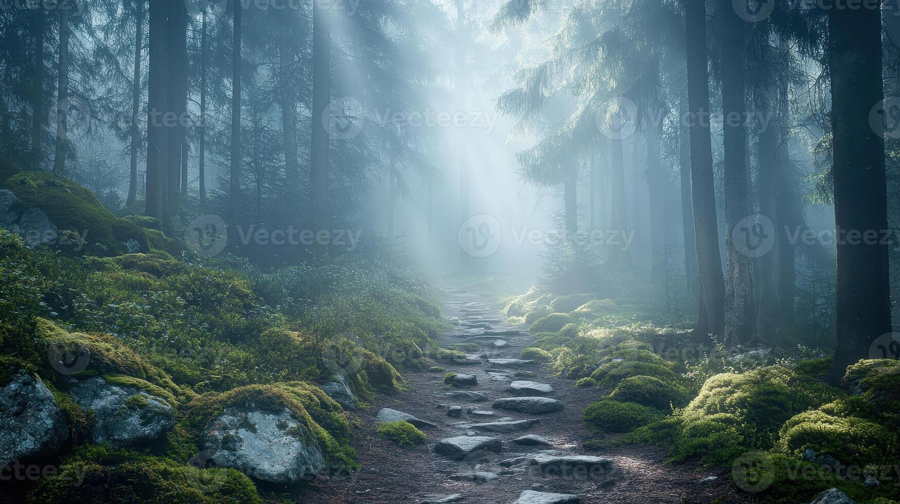 A serene forest path illuminated by soft rays of light through misty trees. photo