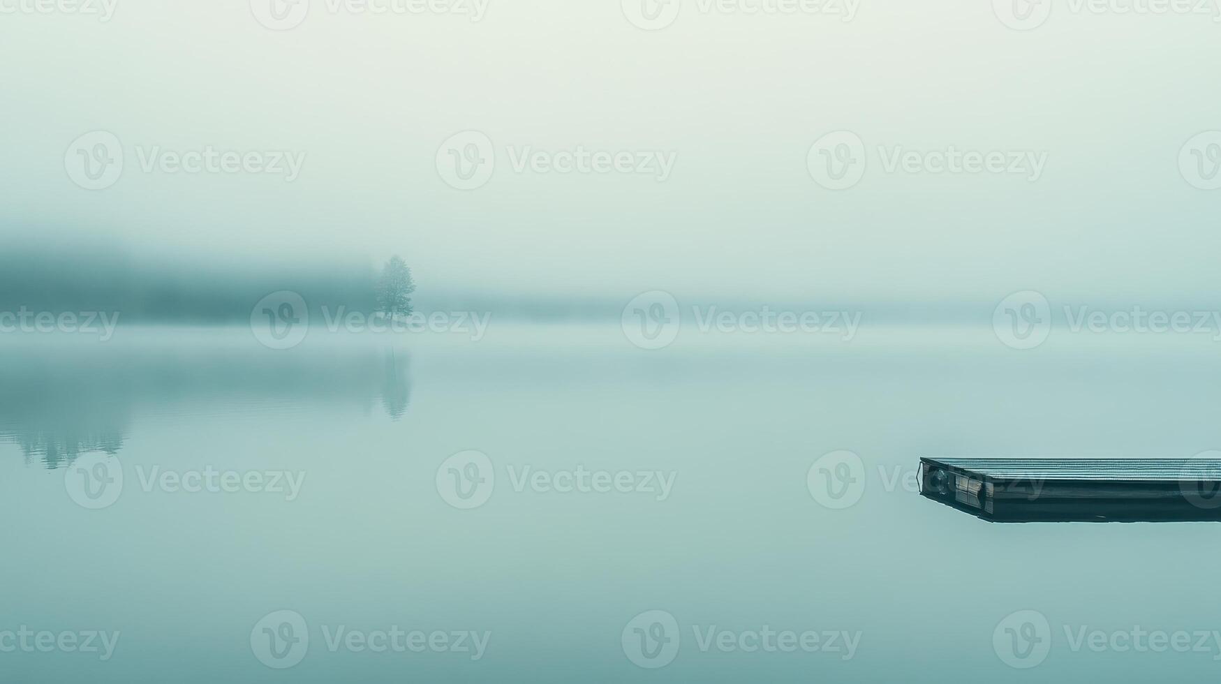 A serene foggy lake scene with a calm dock, reflecting tranquility and nature's beauty. photo