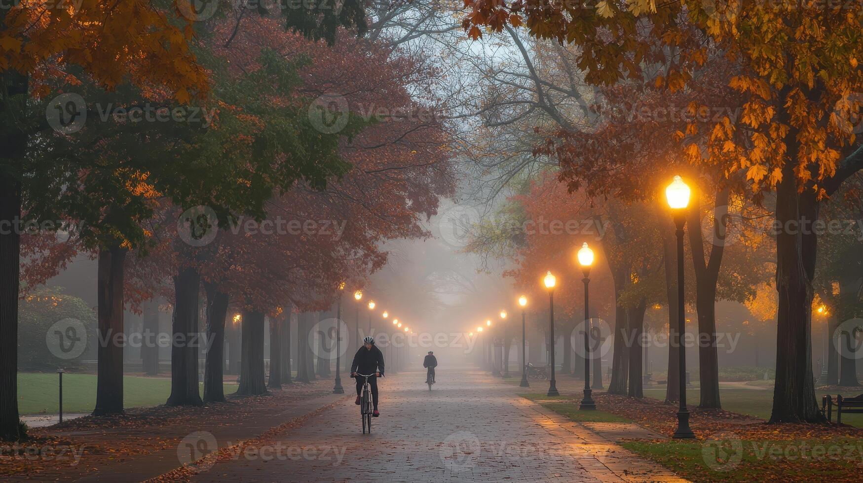 A serene foggy path lined with trees and streetlights, featuring cyclists enjoying the autumn scenery. photo