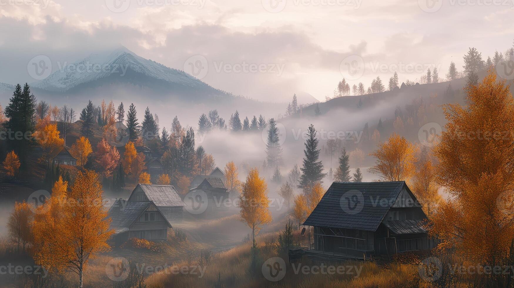 A serene autumn landscape with misty mountains and rustic houses surrounded by colorful trees. photo