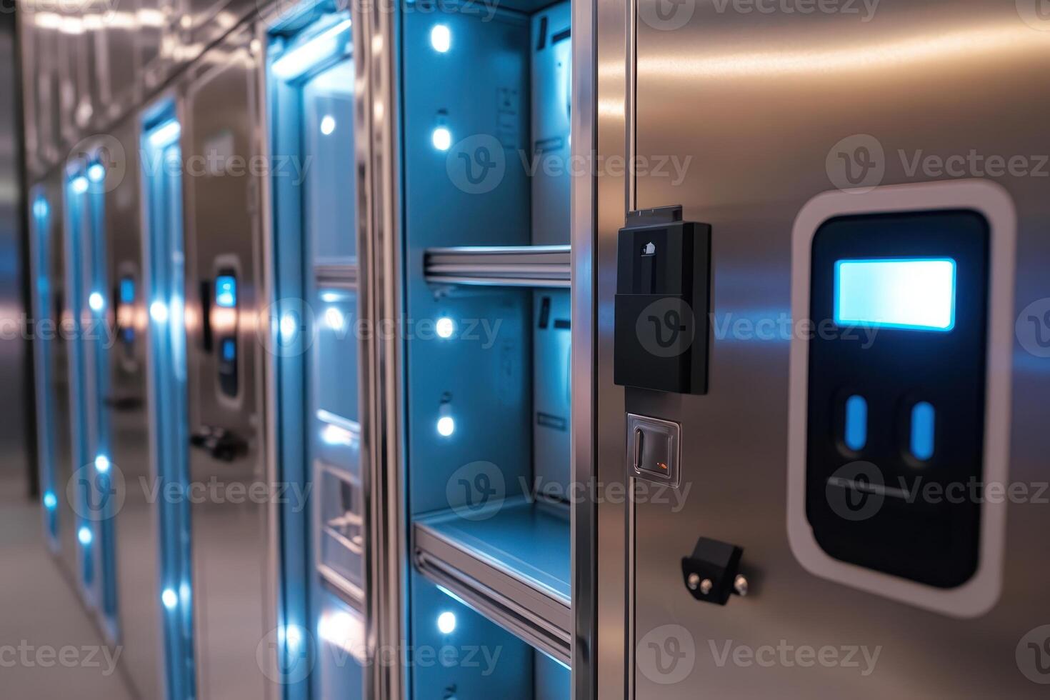 A row of illuminated lockers with a digital interface for secure storage photo