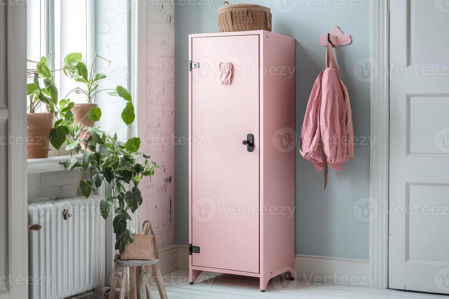 A pastel pink wardrobe in a cozy room with plants and a hanging coat. photo