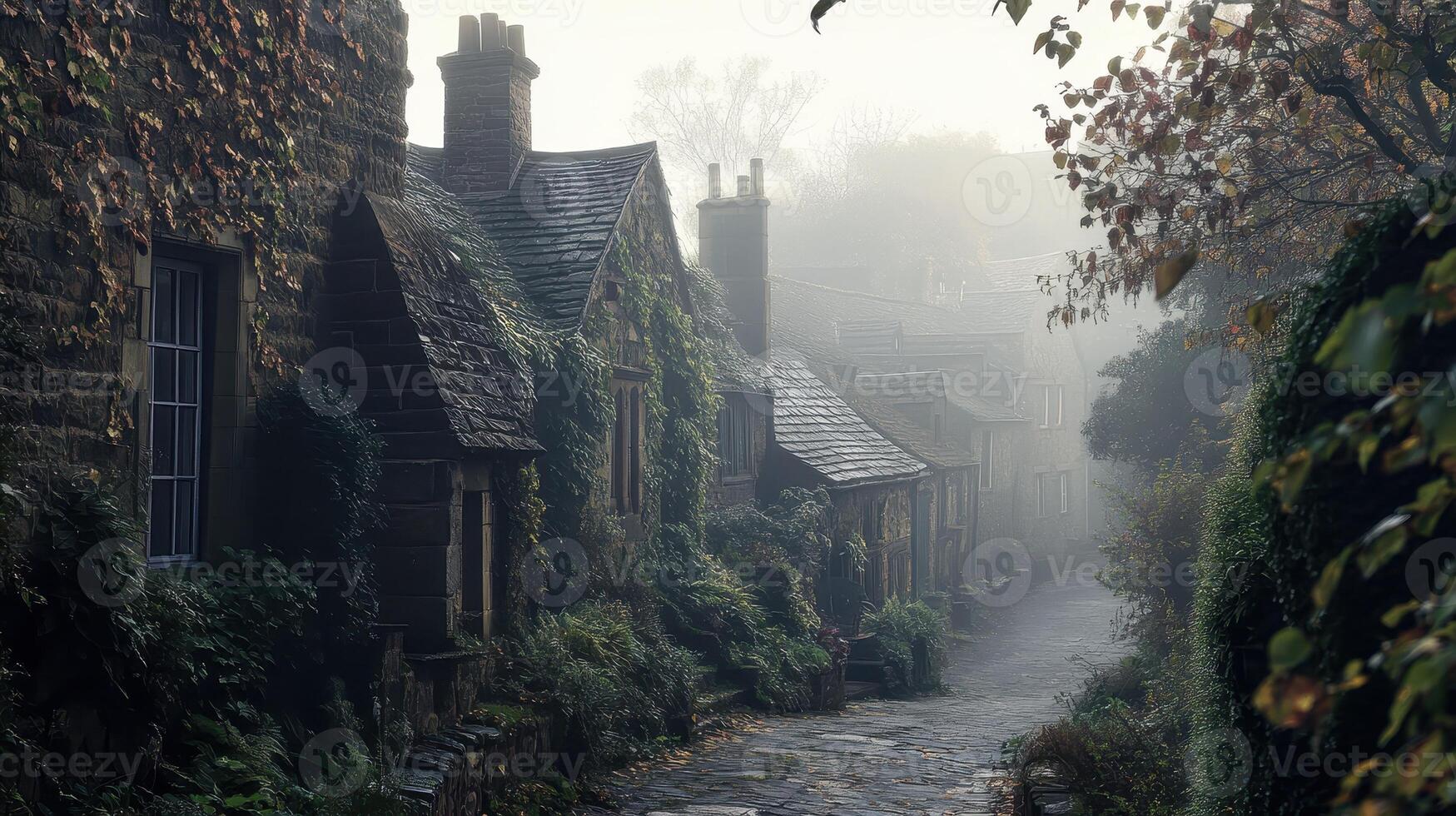 A misty, serene village street lined with stone cottages and overgrown greenery photo