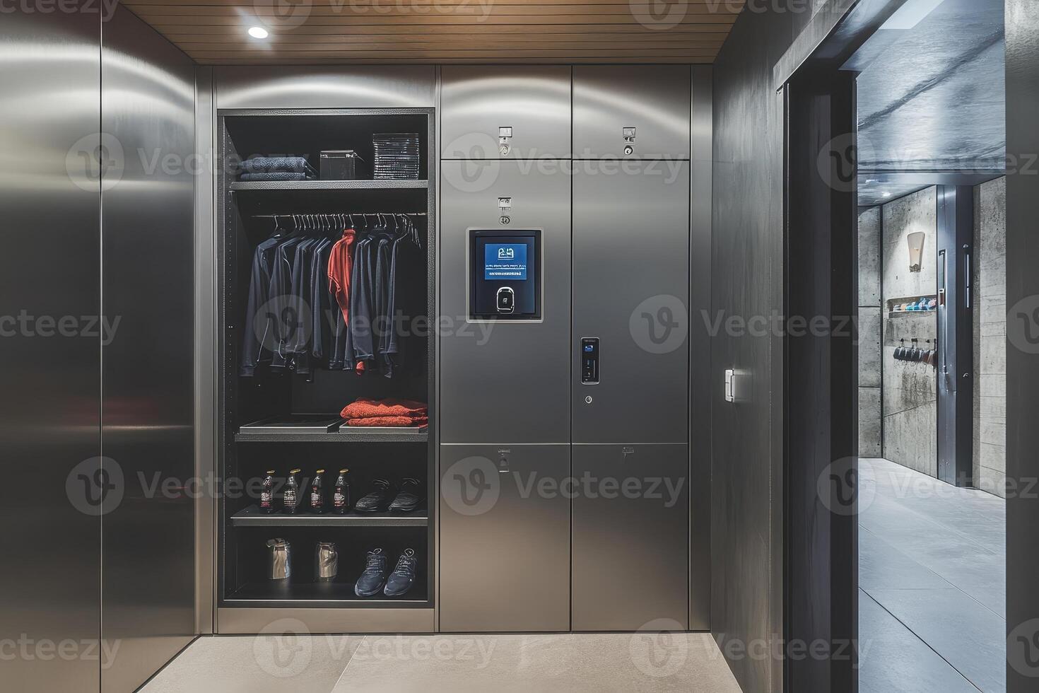 A modern elevator area featuring storage for clothing and shoes, with a digital control panel photo