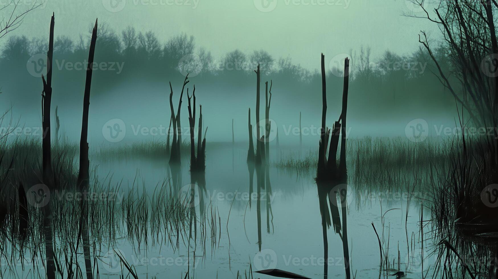 A misty wetland scene with eerie silhouettes of trees reflecting in calm water photo