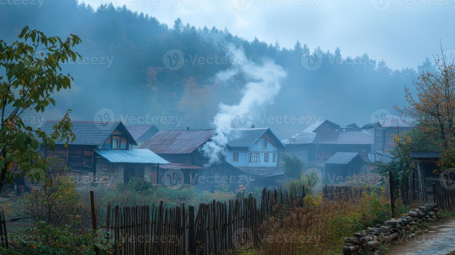 A misty village scene with wooden houses and smoke rising from chimneys photo