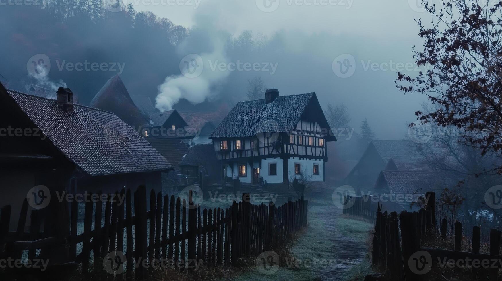 A misty village scene at dusk, featuring smoke from chimneys and warm lights in windows photo