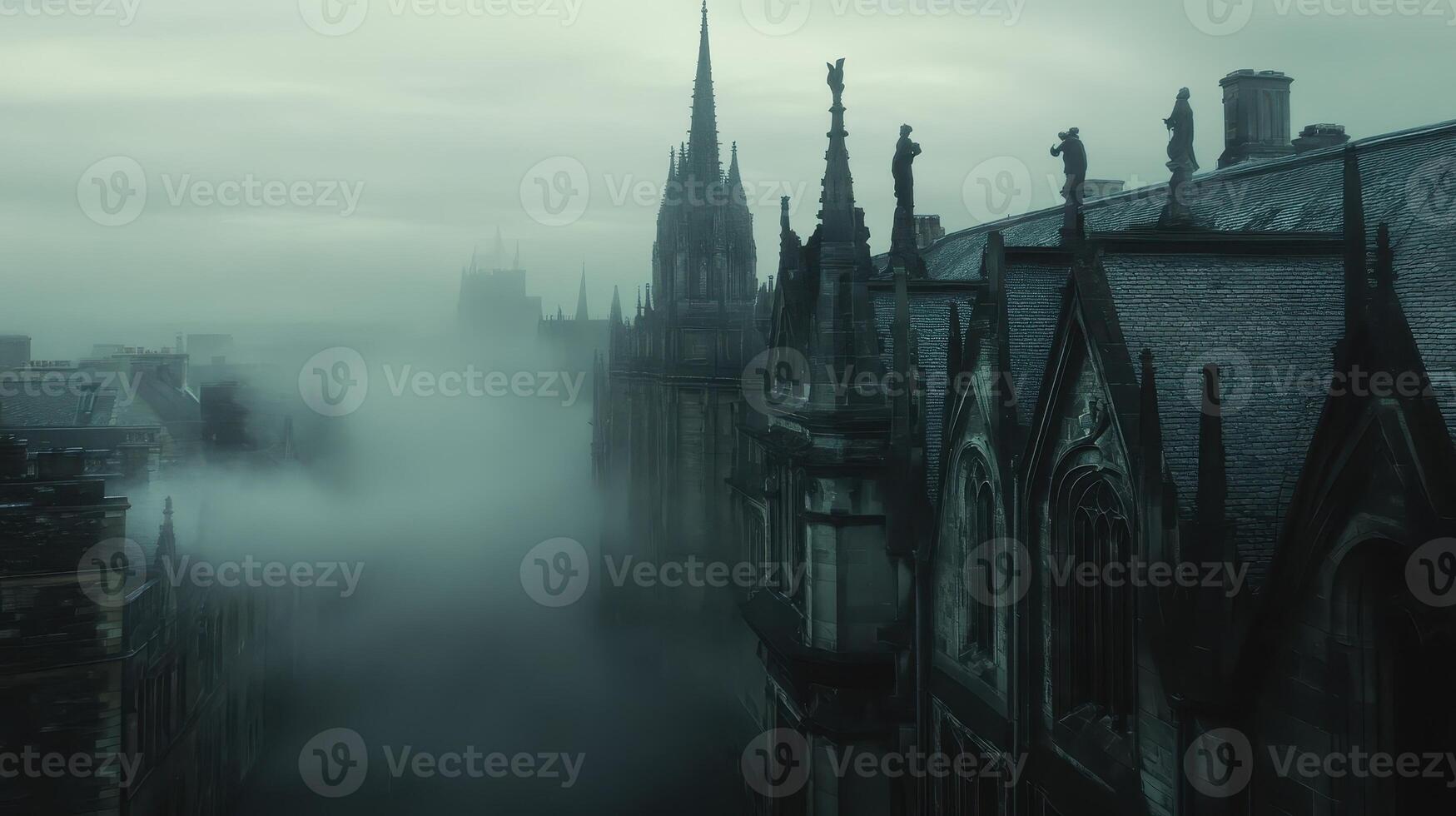 A misty view of gothic architecture with spires and statues under a cloudy sky. photo