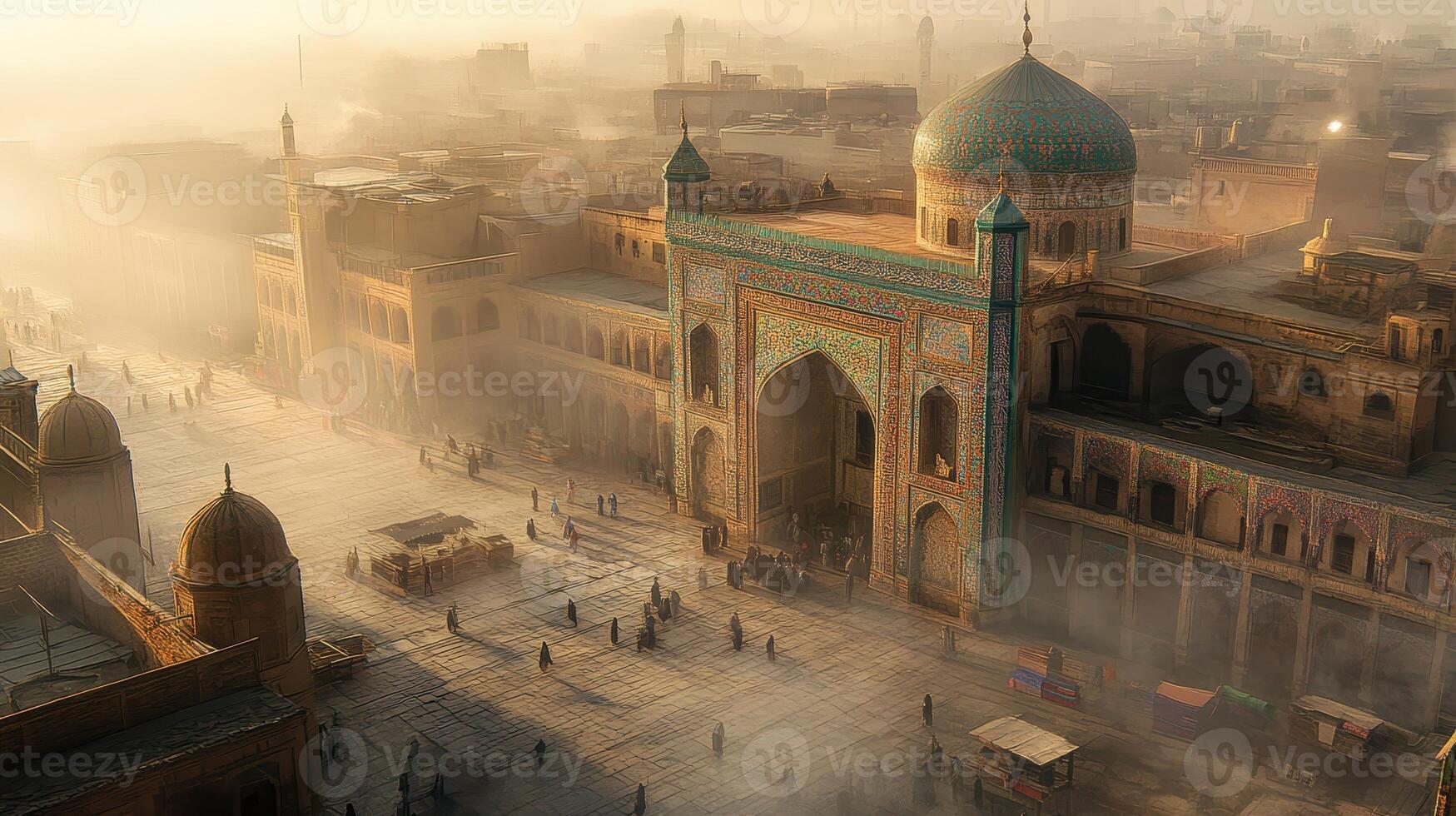 A misty view of an ancient architectural site with domes and intricate patterns photo