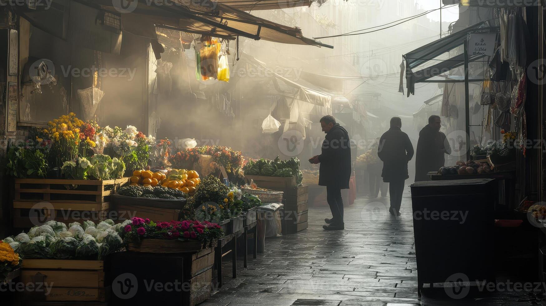 A misty market scene with people amidst colorful flower stalls and fresh produce photo