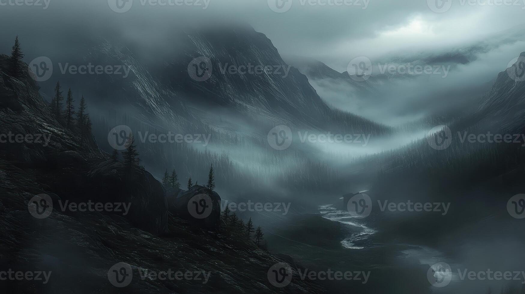 A misty mountain landscape with a winding river and dense forests photo