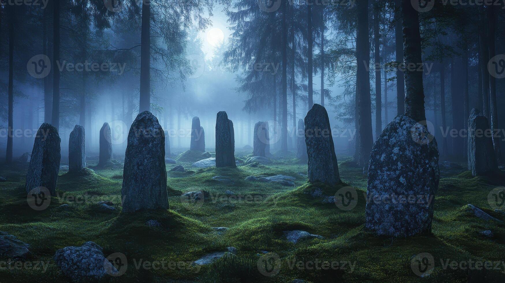 A misty forest with ancient stone monoliths surrounded by lush greenery photo