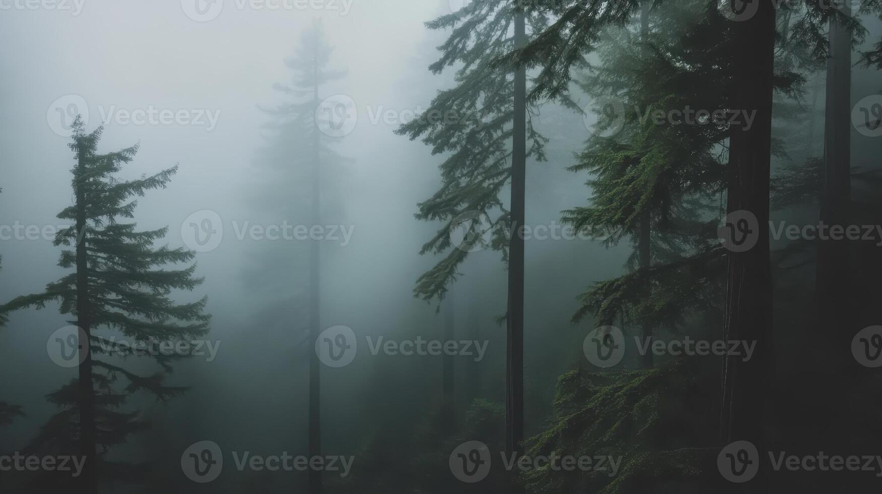 A misty forest scene with tall trees shrouded in fog, creating a mysterious atmosphere photo