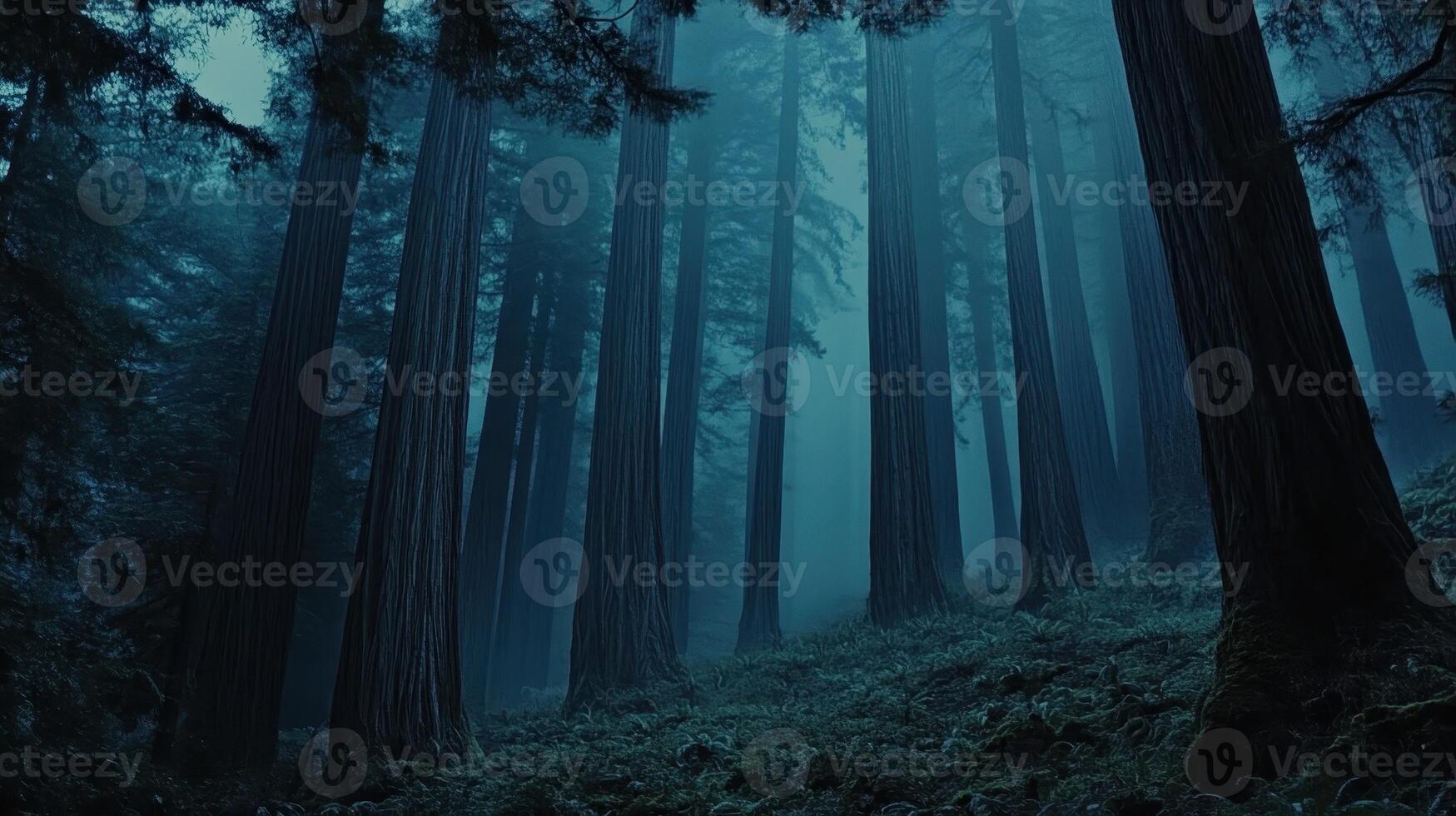 A misty forest scene with tall trees, evoking a serene and mysterious atmosphere photo
