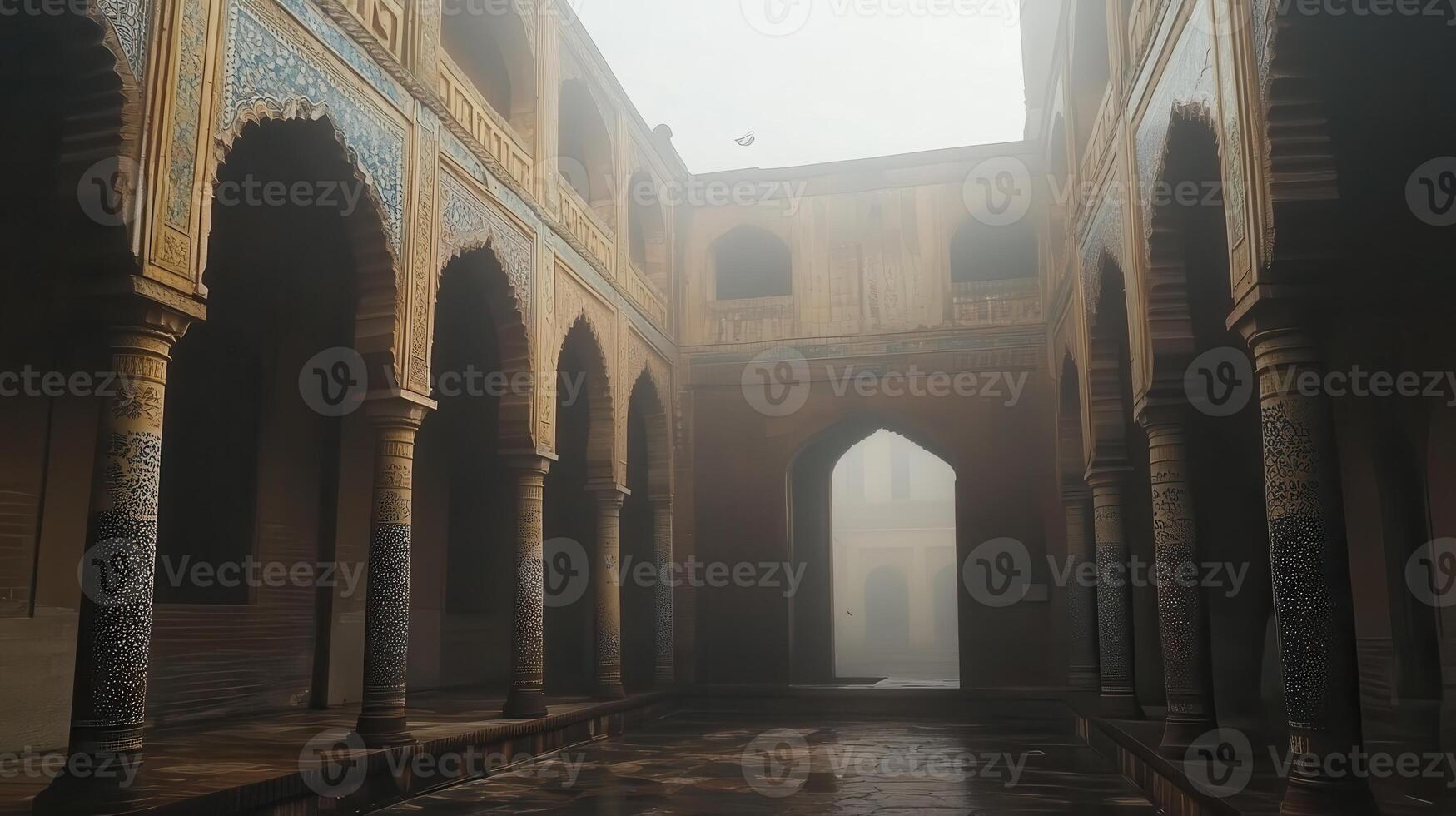 A misty courtyard with intricate arches and decorative tiles, evoking historical architecture photo