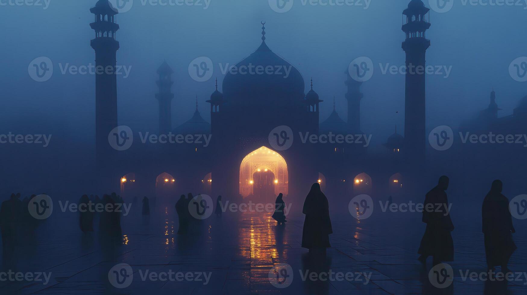 A misty evening scene of a grand mosque, illuminated with soft lights and silhouetted figures photo