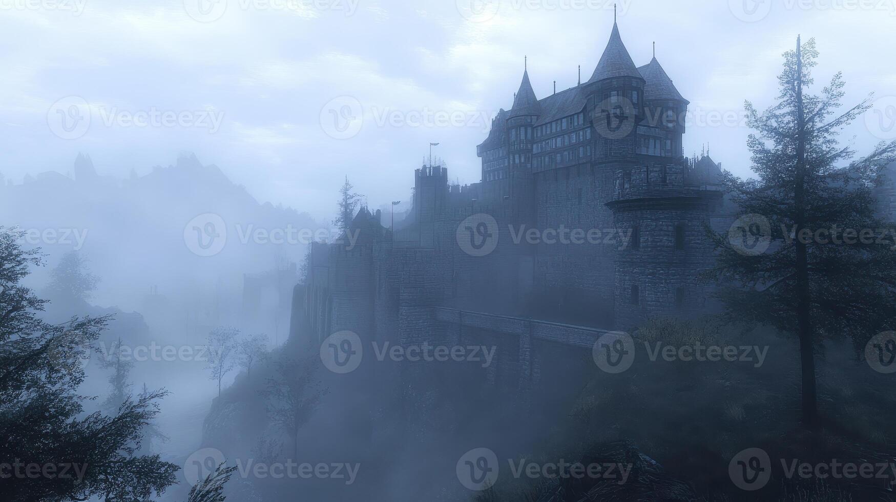 A misty castle looms in a foggy landscape, evoking a mysterious and eerie atmosphere photo