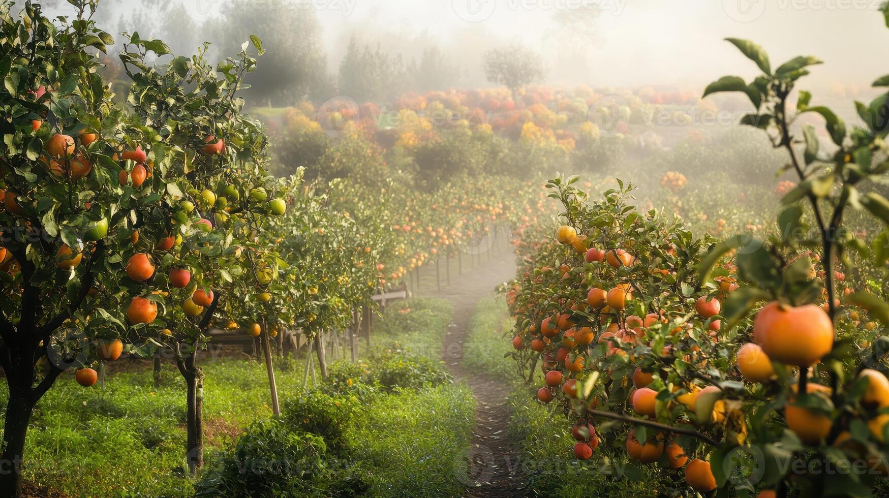 A misty apple orchard with vibrant fruits and a winding path photo
