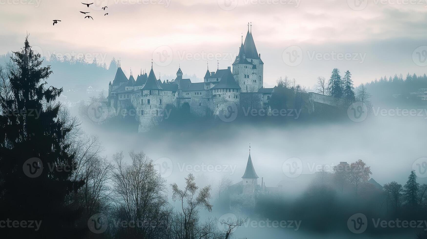 A misty castle emerges from fog, creating a mysterious and enchanting atmosphere photo