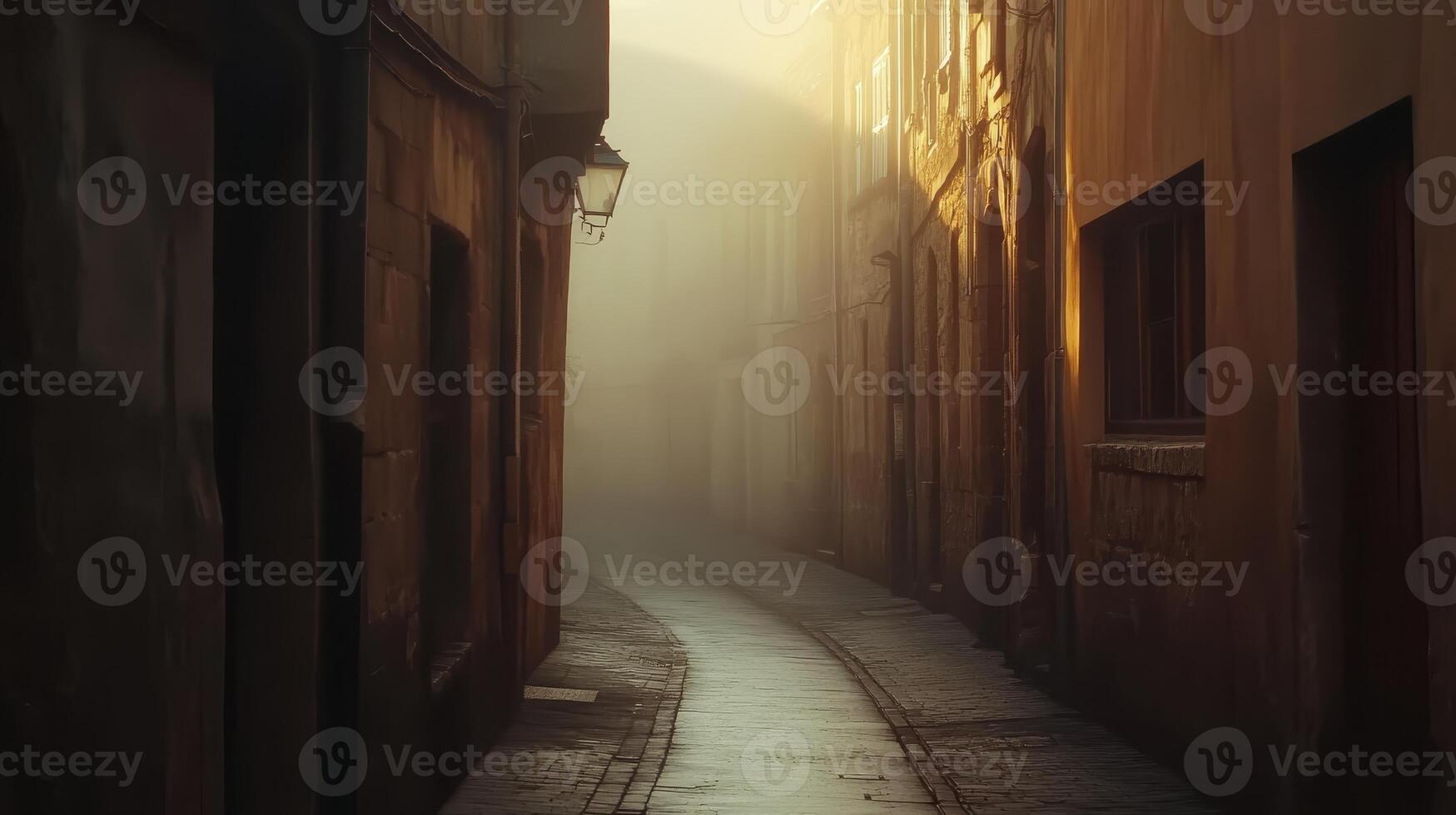 A misty alleyway illuminated by soft light, creating a mysterious and serene atmosphere photo