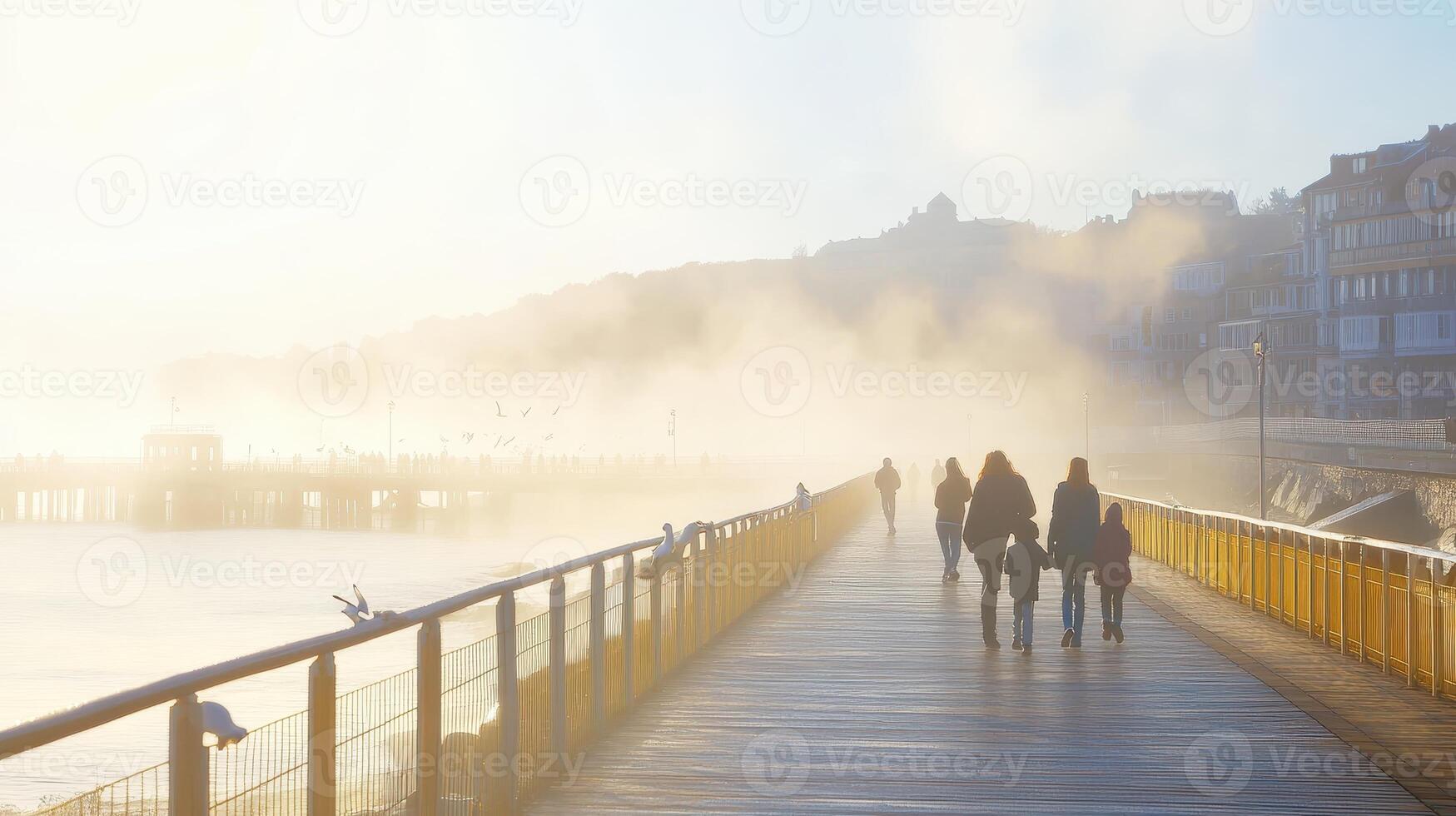 A foggy waterfront scene with people walking along a pier. photo