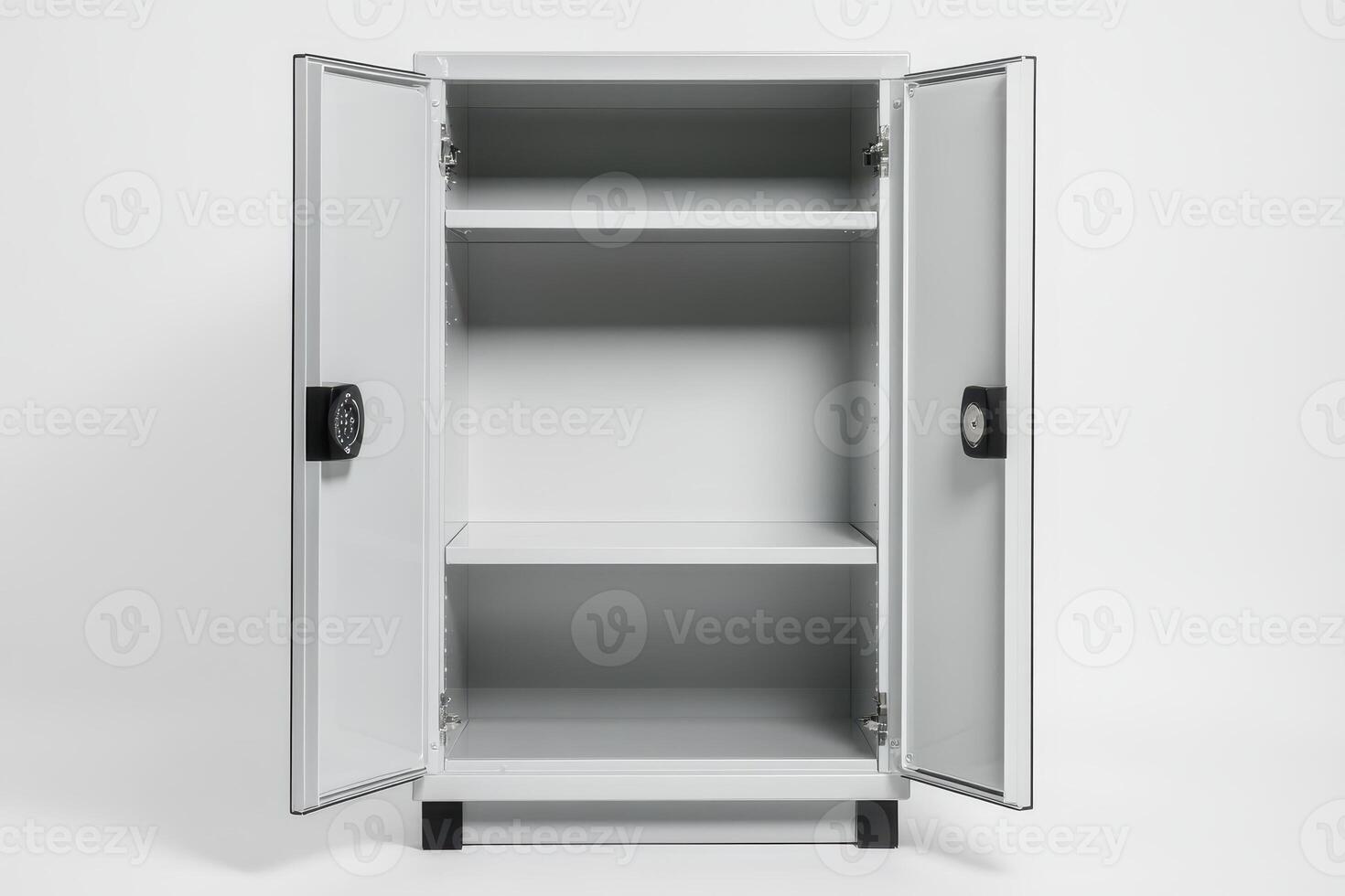 A gray storage cabinet with two doors and shelves, designed for organization and security photo