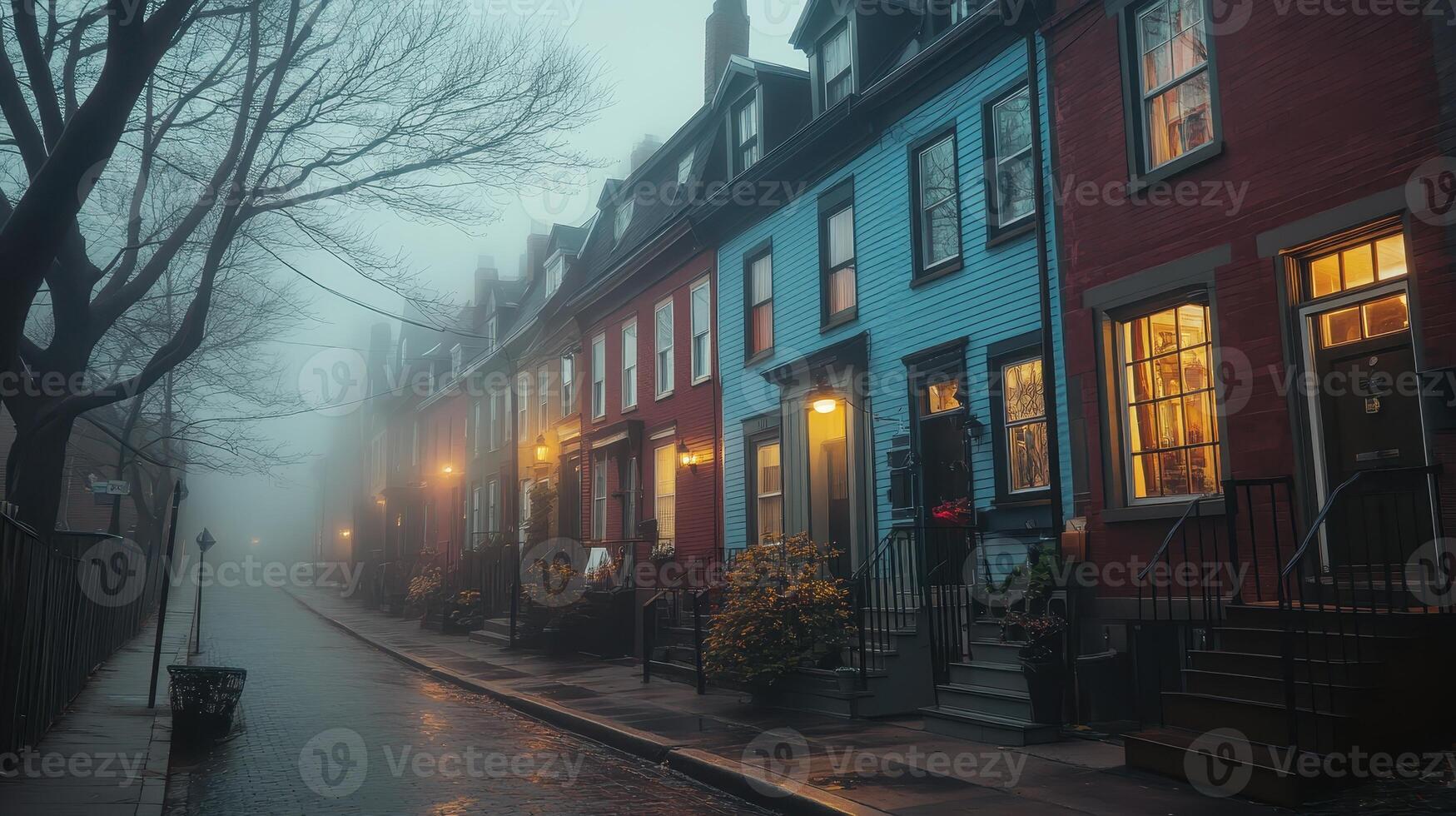 A foggy street with colorful houses illuminated by warm lights at dusk. photo