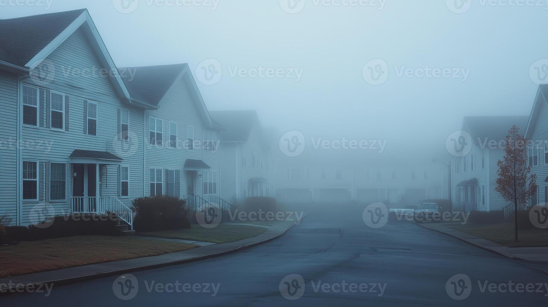A foggy residential street with houses partially obscured by mist. photo