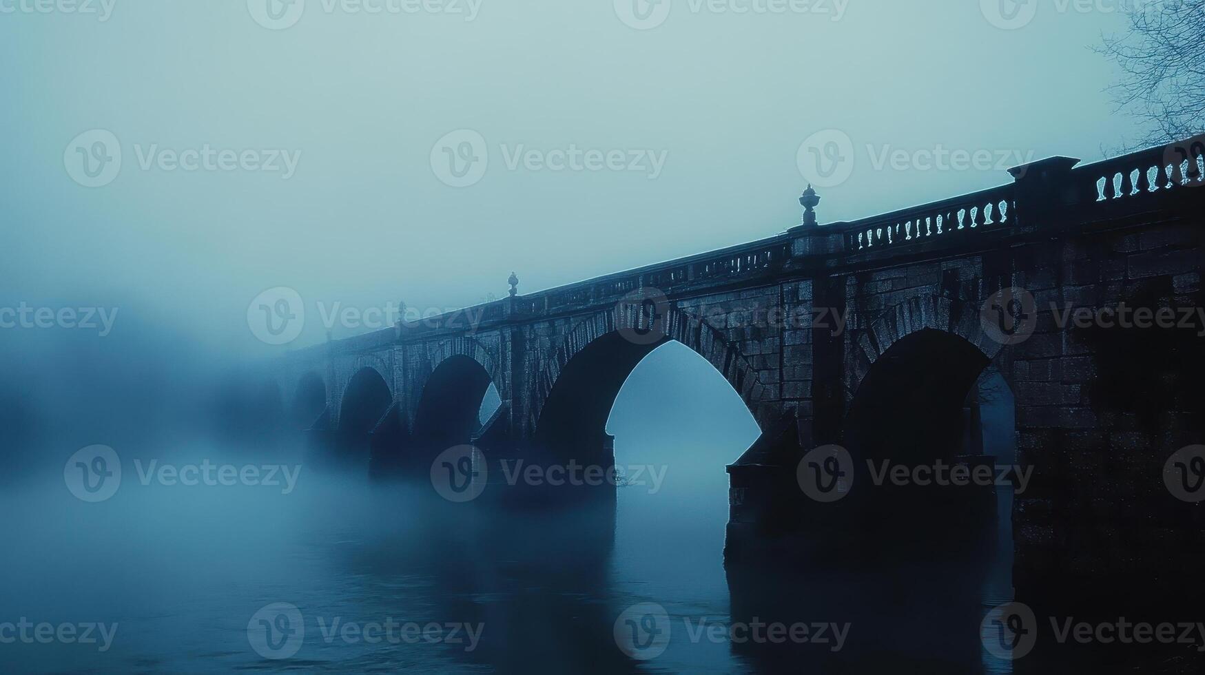 A foggy scene of an old stone bridge over a river, creating a mysterious atmosphere. photo