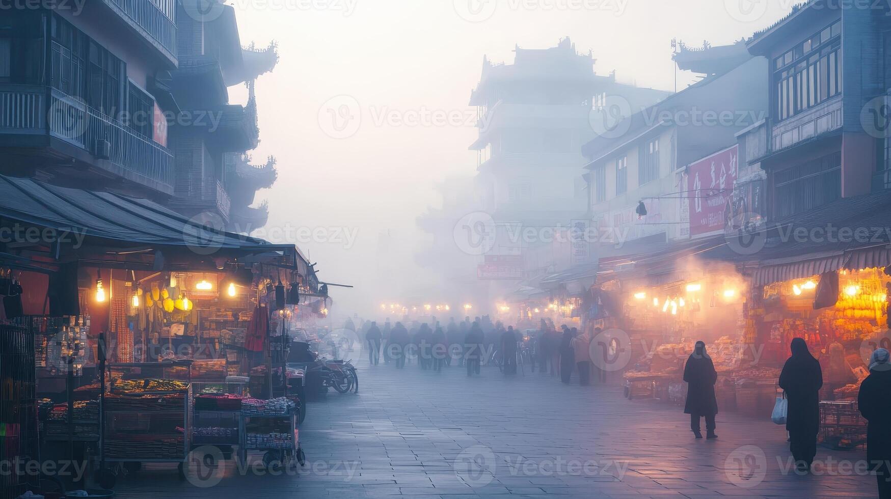 A foggy market scene with illuminated stalls and people in traditional attire. photo