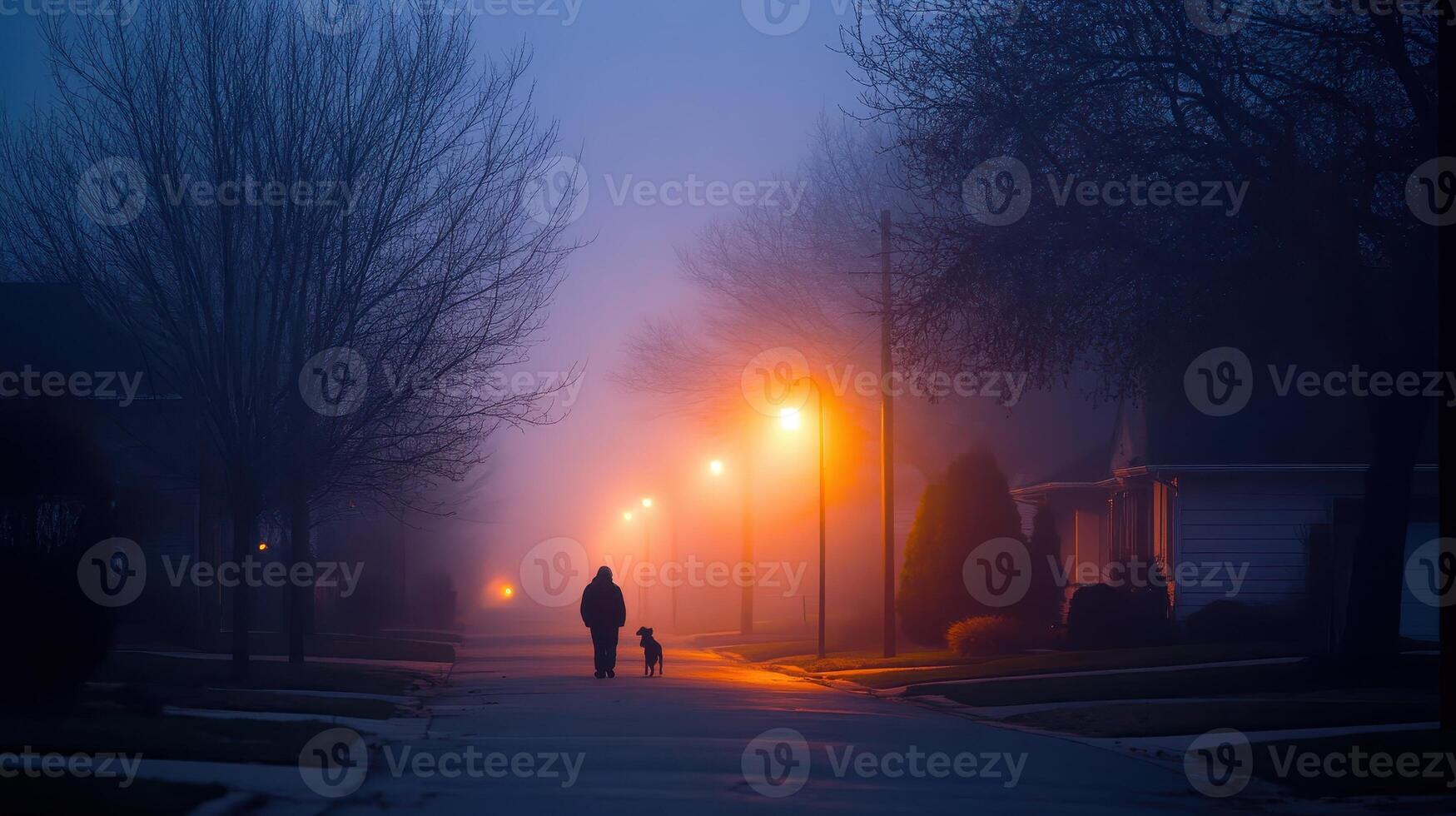 A foggy evening scene with a person walking a dog under streetlights. photo