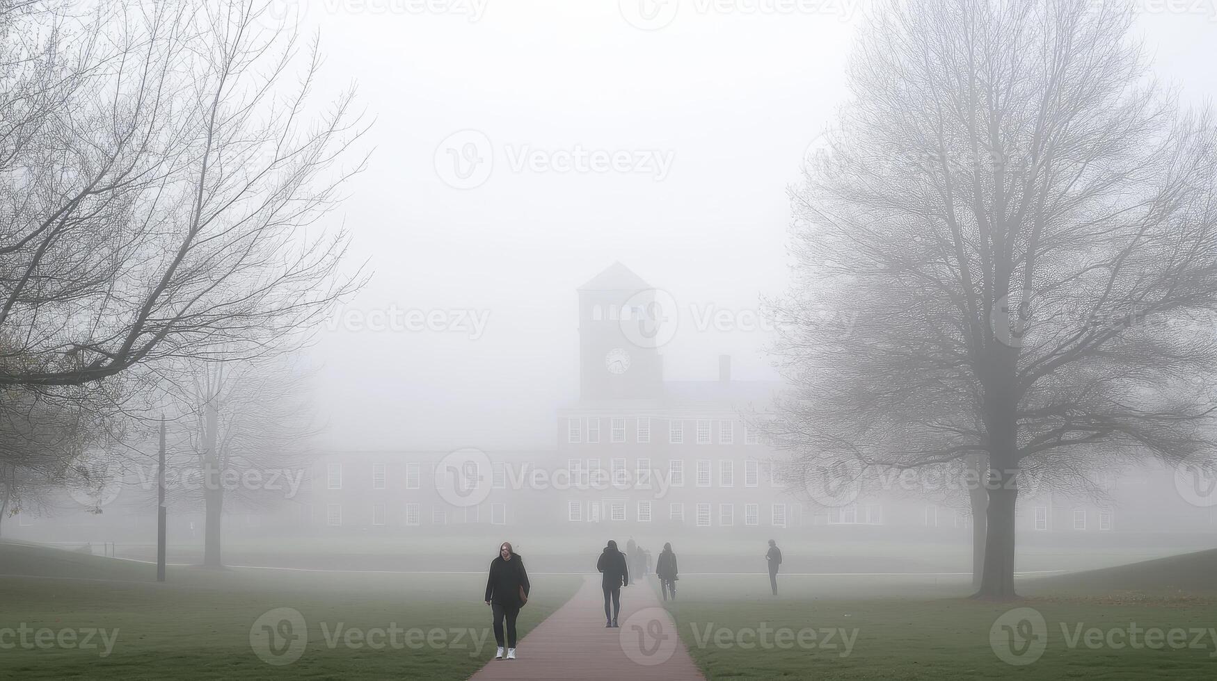 A foggy campus scene with people walking along a path towards a clock tower building. photo