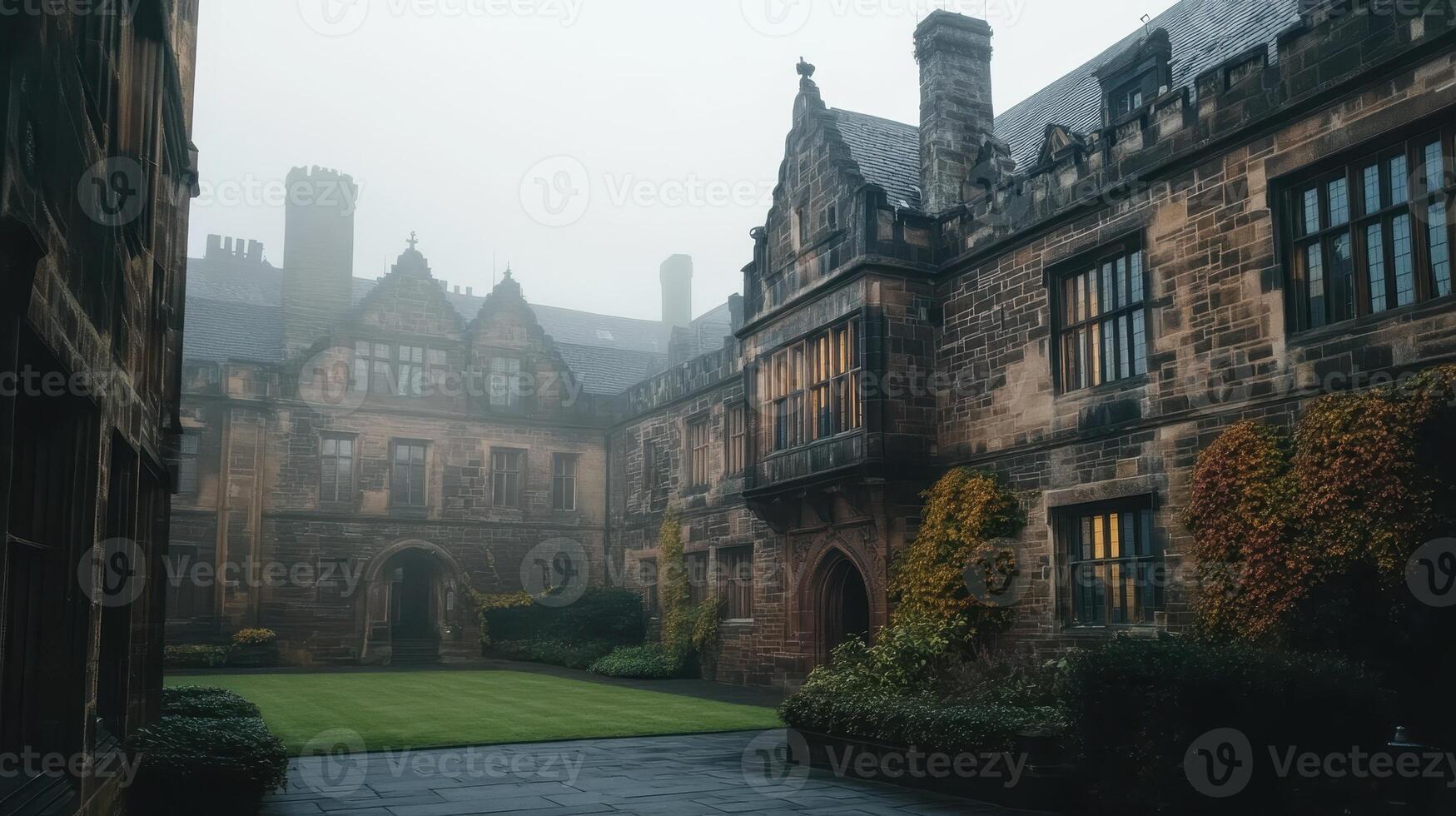 A foggy courtyard of an old stone building, showcasing Gothic architecture and lush greenery. photo