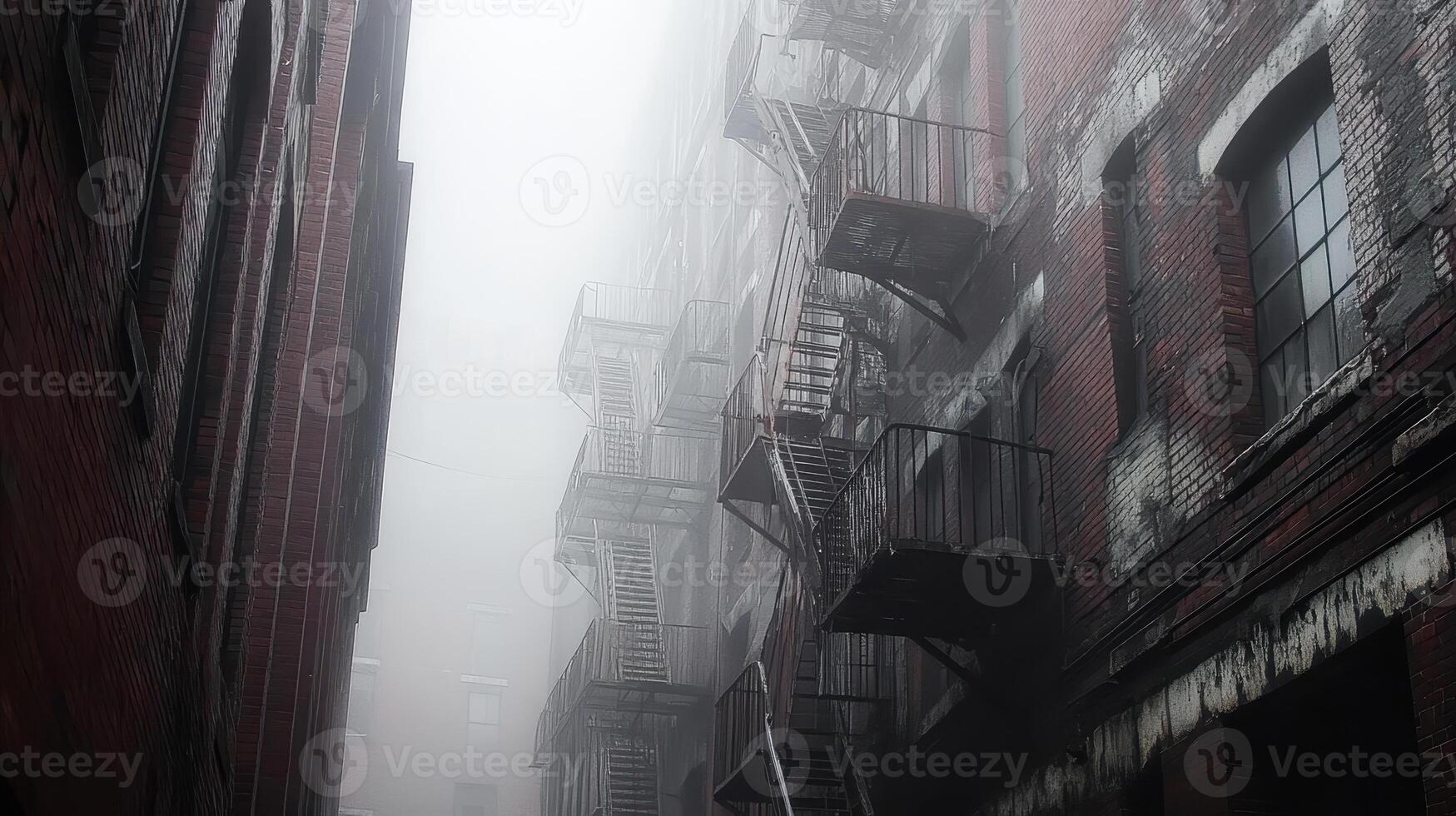 A foggy alleyway with brick buildings and fire escapes, creating a mysterious atmosphere. photo