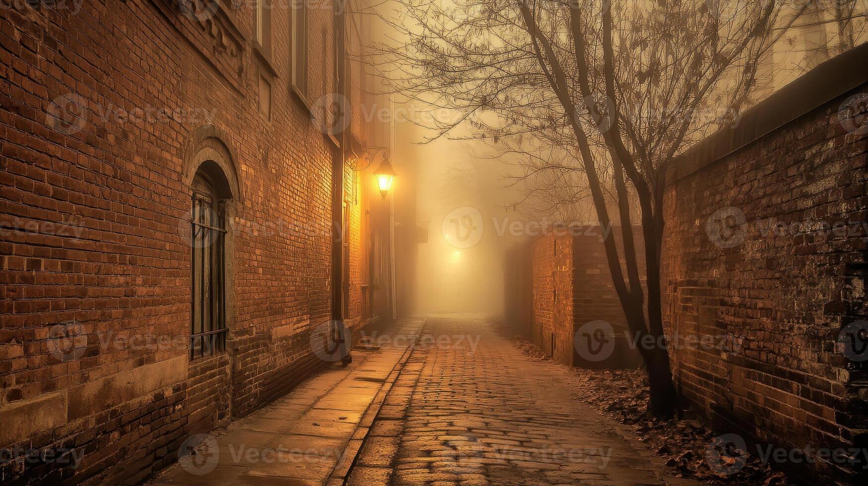 A foggy alleyway illuminated by street lamps, creating a mysterious and atmospheric scene. photo