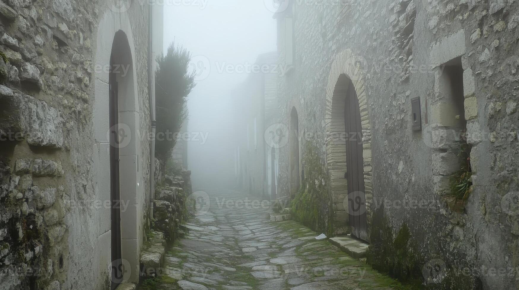 A foggy alleyway in a stone village, creating a mysterious and tranquil atmosphere. photo