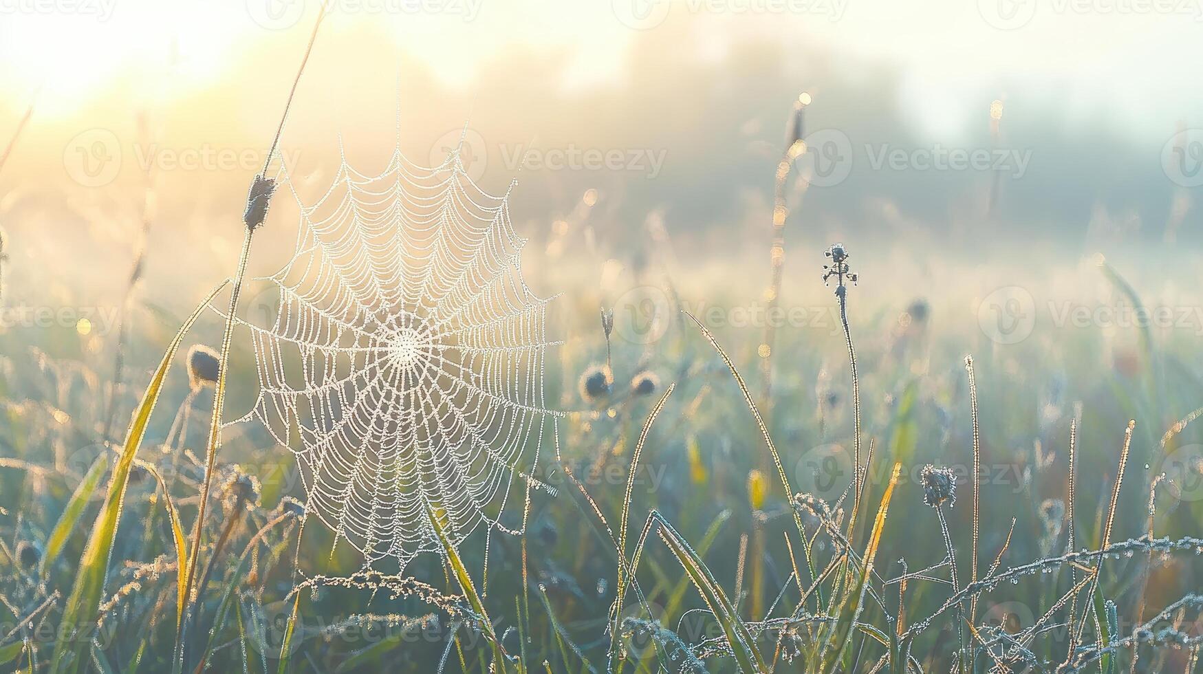 A dew-covered spider web glistens in a misty field during early morning light photo
