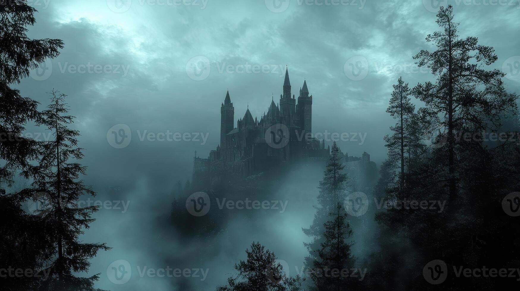 A dark, atmospheric castle shrouded in mist and surrounded by eerie forests. photo