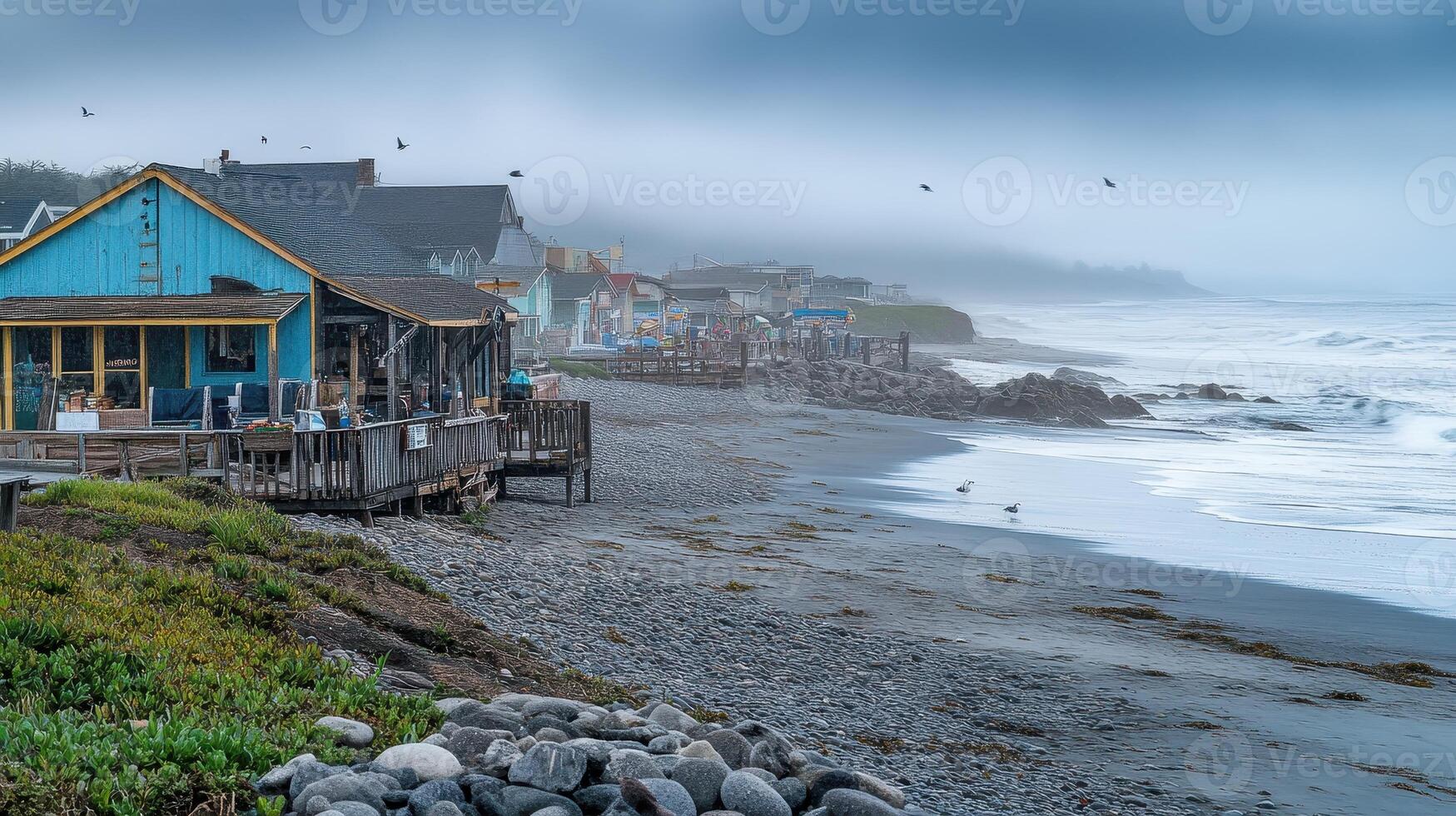 A coastal scene with fog, featuring buildings, rocky shore, and gentle waves. photo