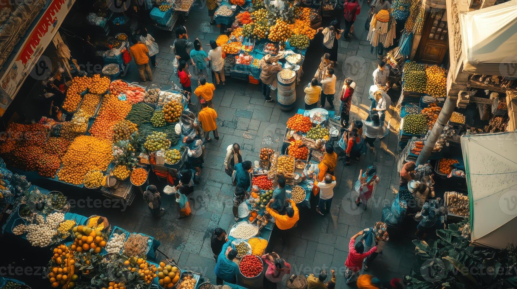 A bustling market scene filled with vibrant fruits and people engaging in trade. photo